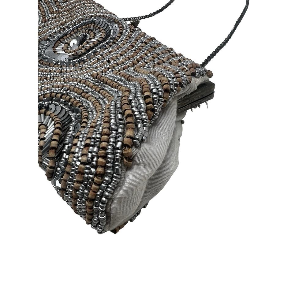 y2K White House Black Market Silver & Wood Beaded Party Clutch Purse Chain Strap - Picture 5 of 9